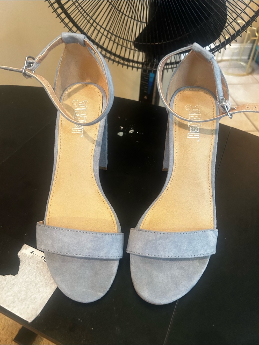 Brash Light Gray Suede Ankle-Strap Block Heel Sandals